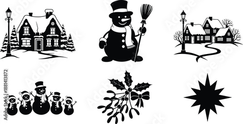 Winter Christmas silhouette illustration set, snowman snowy village houses holly star elements, festive holiday collection, black vector designs isolated on white background