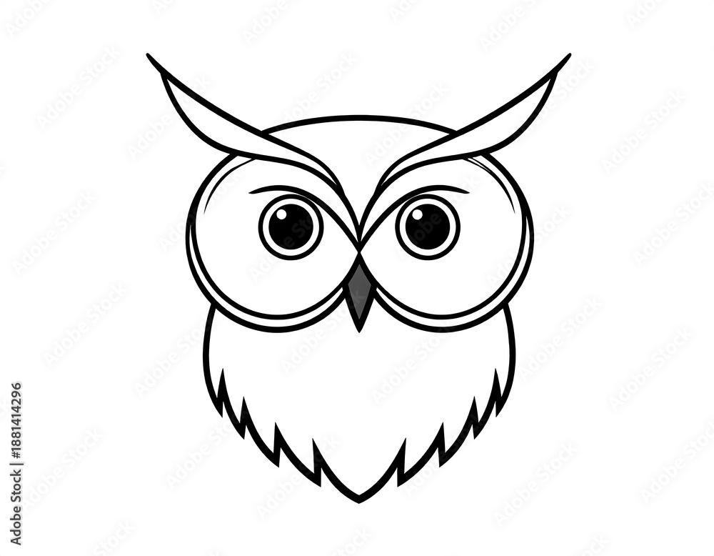 Fototapeta premium A simplified, monochrome illustration of an owl, featuring large eyes and prominent ear tufts. The bird is facing the viewer