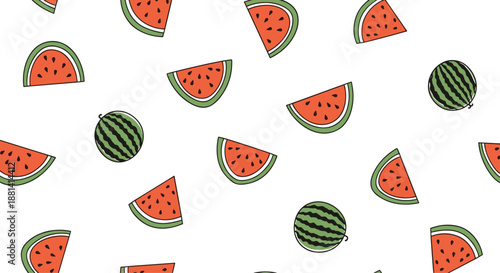 Vibrant seamless pattern of whole striped watermelons and wedge-shaped slices with seeds scattered on a clean white surface.
