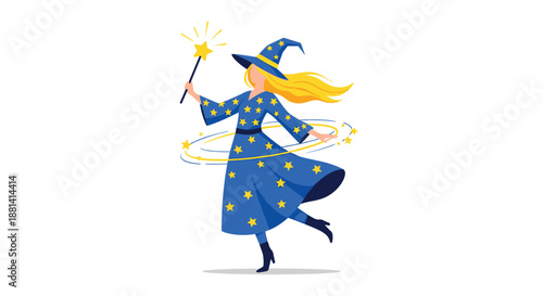 Young blonde witch in a blue gown decorated with yellow stars dancing with a magic wand and glowing rings on a white background.