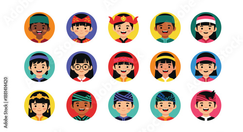 Collection of flat design avatar icons featuring various Indonesian ethnic groups in their unique traditional attire and headgear.