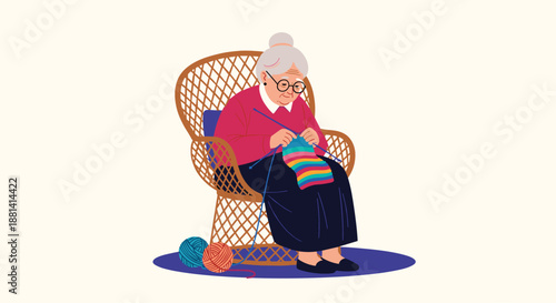 Elderly woman sitting in a wicker armchair while peacefully knitting a colorful striped scarf with balls of yarn at her feet.