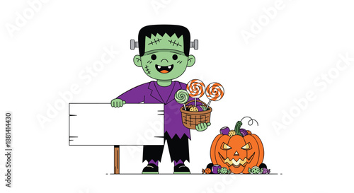 Friendly Frankenstein monster character holding a blank wooden sign and a basket of lollipops next to a carved pumpkin.