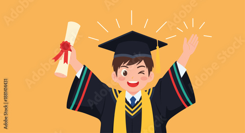 Cheerful young graduate boy in a gown and mortarboard winking and holding his diploma with excitement on an orange background.