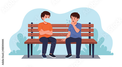 Two boys sitting on a park bench where one is wearing a mask and the other is coughing without protection against a blue background.