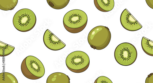 Seamless pattern of whole and sliced kiwi fruits scattered across a clean white background for food themes and healthy nutrition.