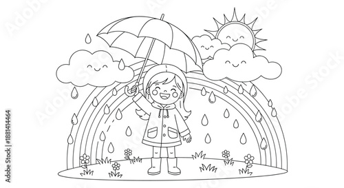 Detailed coloring book page featuring a happy girl in a raincoat with an umbrella under a rainbow with sun and smiling clouds in spring.