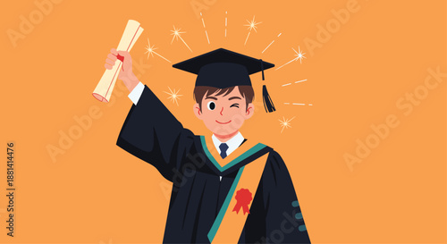 Proud young male graduate in academic gown and mortarboard holding a diploma and winking at the camera against an orange background.