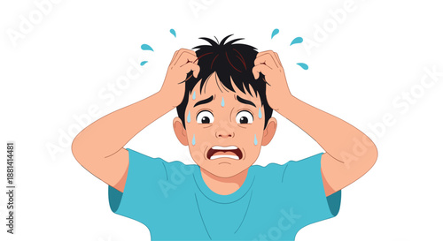 Young boy looking extremely stressed and anxious with sweat beads on his forehead and hands on his head due to pressure and overload.