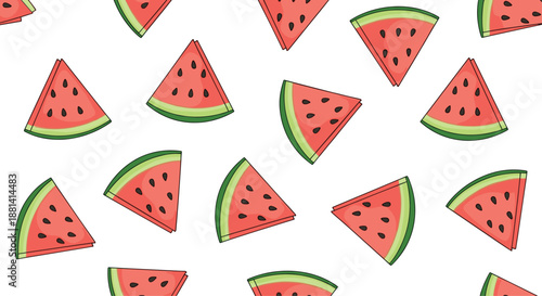 Fresh seamless pattern of vibrant red watermelon slices with black seeds scattered on a clean white background for summer theme.