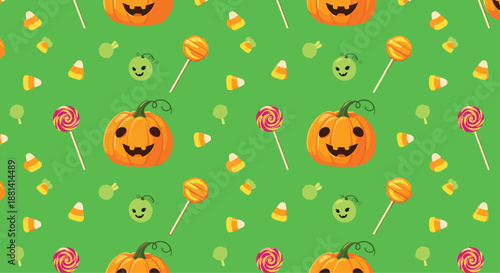 Colorful seamless pattern background for Halloween featuring pumpkins, lollipops, and candy corn on a vibrant green backdrop for kids.