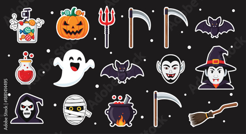 Collection of various colorful Halloween-themed stickers including monsters, ghosts, pumpkins, and a witch on a solid black background.