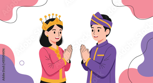 Malay couple in beautiful traditional pink and purple clothing making a polite greeting gesture during a celebration on white background.