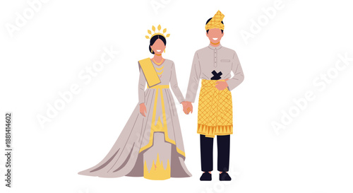 Wedding couple dressed in traditional Malay bridal attire, featuring elegant white and gold garments with a Tanjak and crown for a celebration.