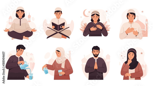 Vector illustration set of yoga poses featuring cartoon people avatars and business worker characters for a professional wellness design