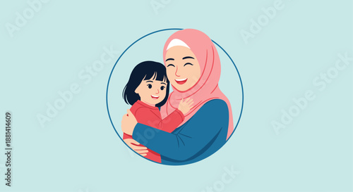 Heartwarming illustration of a mother wearing a pink hijab hugging her smiling young daughter, set within a circular frame on a light blue background.