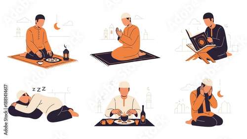 Vector illustration set of a business woman figure practicing yoga in the lotus position on the beach as a cartoon stick person pictogram and silhouette icon symbol for office work wellness
