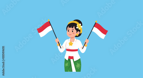 Young girl in traditional Balinese dress and headdress proudly waving two Indonesian flags for independence day celebration on a blue background.