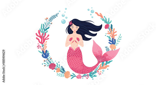 Beautiful mermaid with dark hair and a pink tail, floating peacefully inside a decorative wreath made of colorful seaweed, coral, and sea shells.