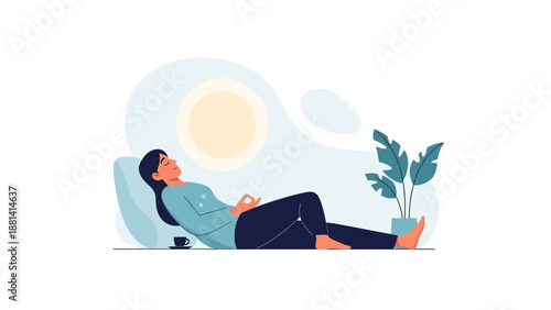 A smiling child and a person in a cartoon vector illustration relax at home with an easter bunny and easter eggs