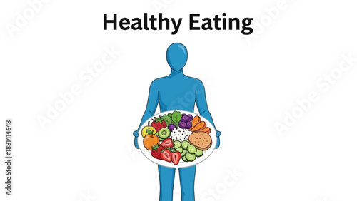A smiling woman in a kitchen holds a plate of fresh fruit and healthy vegetables, including a red strawberry and salad, next to colorful easter eggs with ribbons