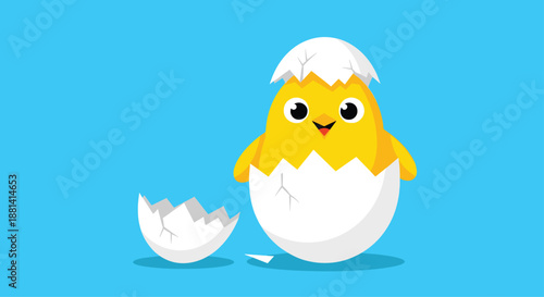 Cute yellow chick with large eyes joyfully hatching from a cracked white egg against a bright blue background, symbolizing new life and spring.