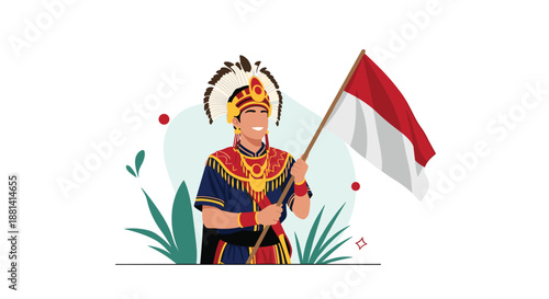 Smiling man dressed in traditional Papuan warrior attire, including a feather headdress, holding the Indonesian flag for a national celebration.