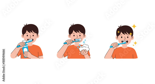 Step-by-step illustration of a young boy in an orange shirt brushing his teeth to maintain good dental hygiene and a sparkling clean smile.