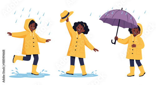 Three diverse children wearing yellow raincoats and boots, joyfully playing in the rain, splashing in puddles and using a purple umbrella.