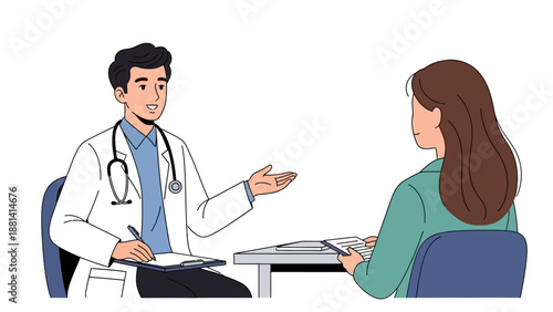 A professional medical team including a smiling doctor and nurse providing healthcare and a prescription to a senior patient during a consultation in a hospital clinic office