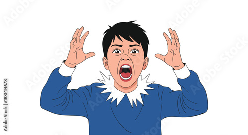 Young boy in a blue sweater with a white collar, shouting loudly with his hands raised and a panicked or angry expression on a white background.