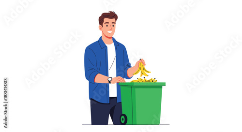 Responsible young man in a blue shirt throwing banana peels into a green recycling bin to promote cleanliness and environmental care.