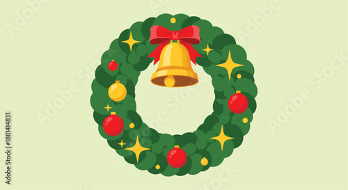 Traditional green Christmas wreath decorated with red and gold ornaments, a golden bell, a red bow, and shining stars for holiday decor.