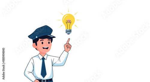 Young boy dressed as a pilot, pointing excitedly to a glowing light bulb above his head, symbolizing a bright new idea or inspiration.