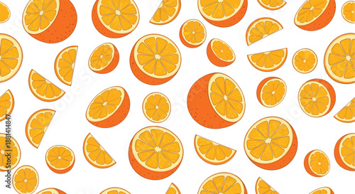 Fresh and vibrant seamless pattern of orange halves and slices scattered across a white background, perfect for summer and citrus themes.