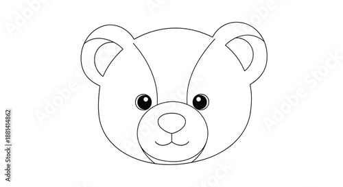 Simple line art drawing of a cute bear face with large round ears and black eyes suitable for kids coloring book or educational activities.
