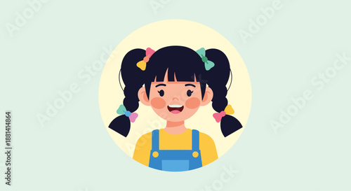 Circular portrait of a happy young girl with black hair in pigtails, wearing colorful hair bows and blue overalls on a soft background.