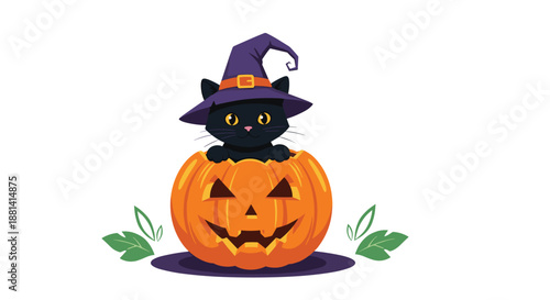 Adorable black cat wearing a purple witch hat peeking out from a carved orange Halloween pumpkin with leaves on a plain white background.