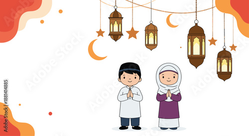 Young Muslim boy and girl in traditional attire standing under hanging lanterns and moon decorations for a festive celebration.