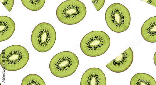 Seamless pattern of vibrant green kiwi fruit slices with black seeds and fuzzy brown skin scattered on a white background.