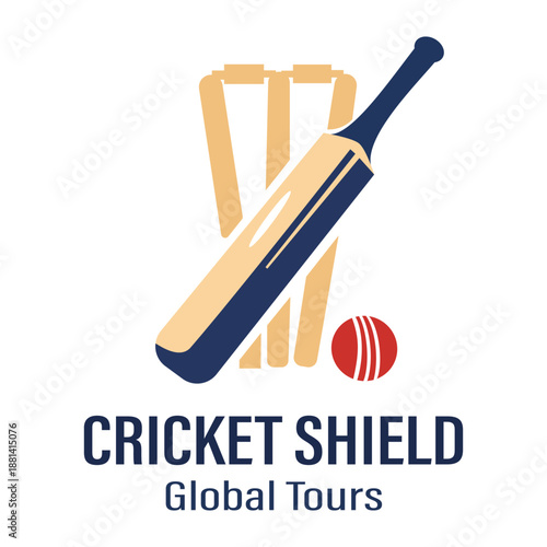 Cricket Shield Global Tours Logo Design Featuring Professional Cricket Bat, Ball, and Stumps Illustration - Sports Event and Travel Branding Vector