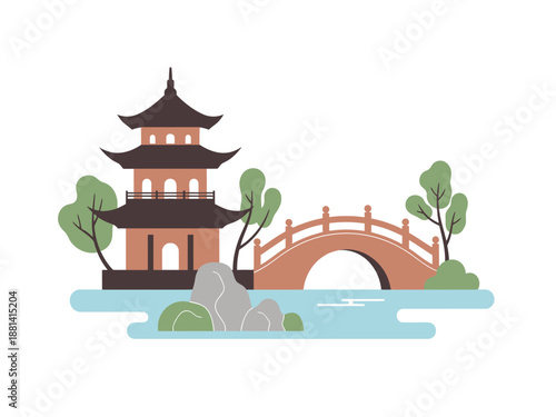Red pagoda temple illustration with zen rocks and bridge over water