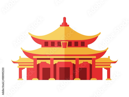 Symmetrical icon of a major chinese temple building in red and gold colors