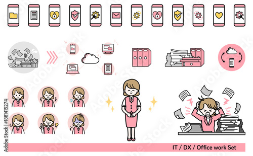 ITやDXやクラウド化で業務改善するオフィスワーク女性のイラストセット素材