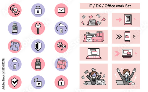 事務作業のDX化と業務改善をわかりやすく表現したIT・オフィスワークのアイコンセット