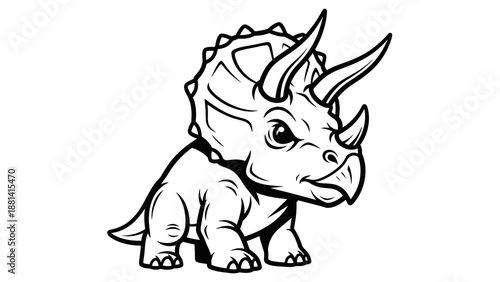 Triceratops Illustration: A stylized illustration showcases a triceratops, with detailed outlines emphasizing its horns, frill, and body structure, presented in monochrome. 