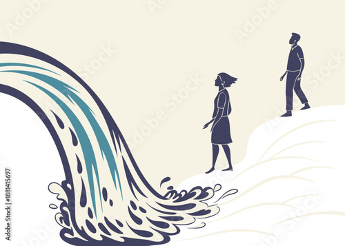 Couple standing near a large wave