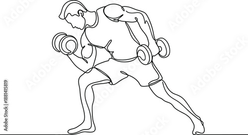 One Line Drawing or Continuous Line Art of a guy with dumbbells. Vector Illustration Editable stroke.
Continuous One Line Drawing of Man Lifting Dumbbells.