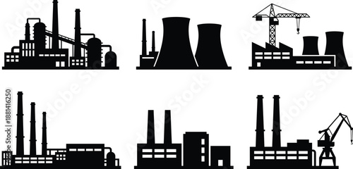 industrial factory and power plant silhouettes illustration, heavy industry infrastructure buildings collection, black vector icons isolated, manufacturing skyline