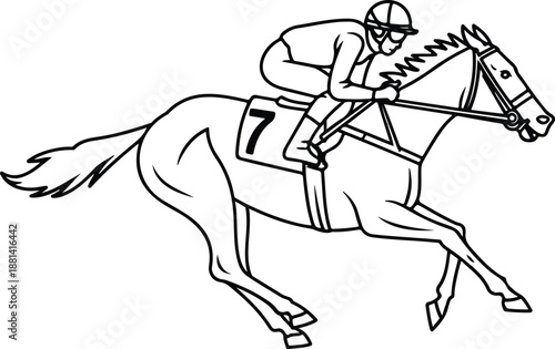 Horse Racing Outline Icon Set Jockey Riding Racehorse to Finish Line